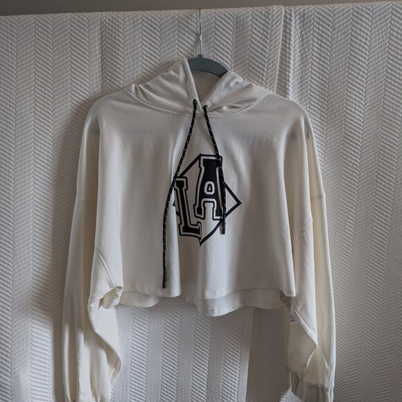 Zara LA Graphic Cropped Hoodie Off-White Cream & Black Size Large Streetwear - Picture 10 of 14